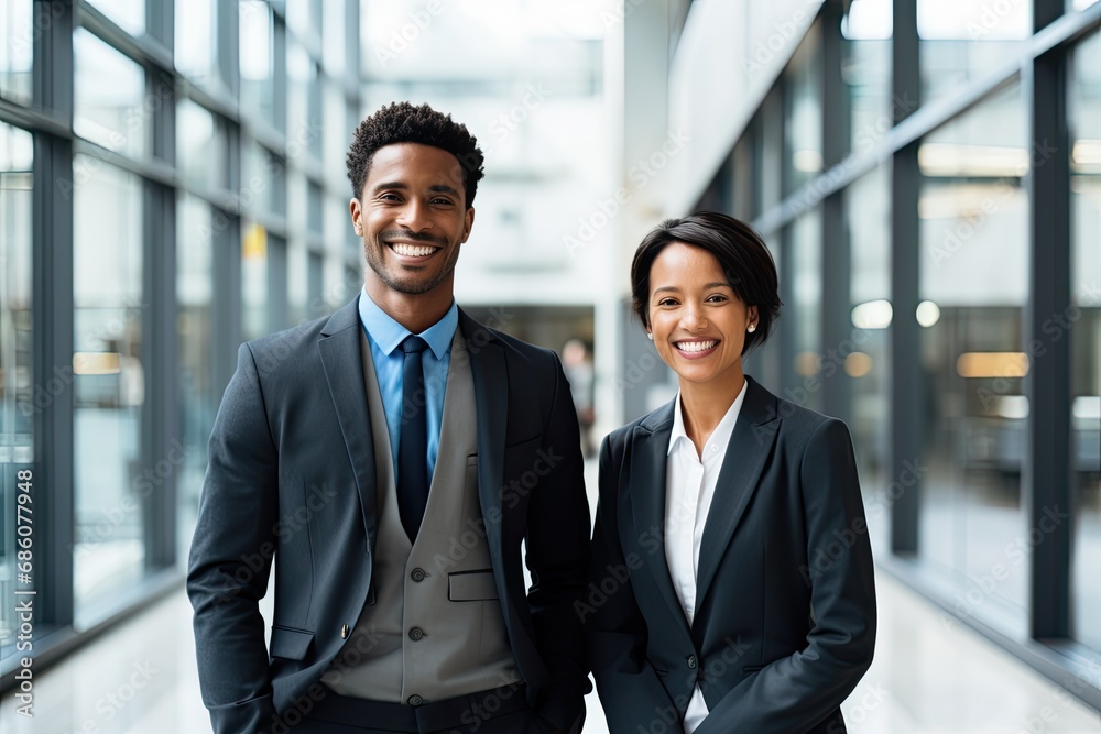 Confident professionals black man and woman in business attire, engaged in successful teamwork and corporate discussions. Confident professionals black man and woman in business attire, engaged in successful teamwork and corporate discussions.