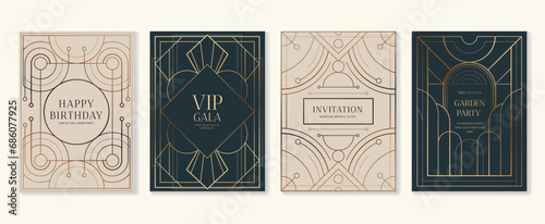 Luxury invitation card background vector. Elegant classic antique design, gold lines gradient on dark blue and light background. Premium design illustration for gala card, grand opening, art deco.