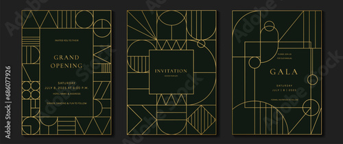 Luxury invitation card background vector. Elegant classic antique design, gold lines gradient on dark green background. Premium design illustration for gala card, grand opening, art deco.