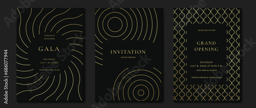 Luxury invitation card background vector. Elegant classic antique design, gold lines gradient on dark background. Premium design illustration for gala card, grand opening, art deco.