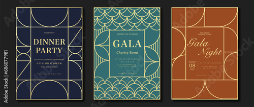 Luxury invitation card background vector. Elegant classic antique design, gold lines gradient on blue and orange background. Premium design illustration for gala card, grand opening, art deco.