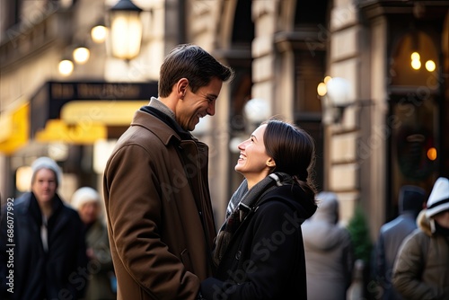 A joyful couple in the city maintains eye contact, deepening their connection and happiness on a romantic day outdoors.