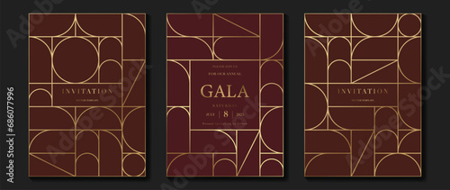 Luxury invitation card background vector. Elegant classic antique design, gold lines gradient, geometric shape on brown background. Premium design illustration for gala card, grand opening, art deco.