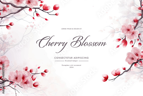 Greeting card template of сherry blossom flowers and branches in vector watercolor style. 
