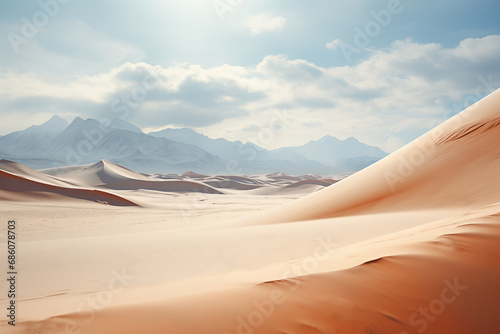 highland desert landscape with sand dunes and mountains on the backdrop