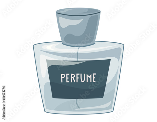 Glass elegant bottle of fragrant perfume. Vector isolated cartoon blue eau de parfum.