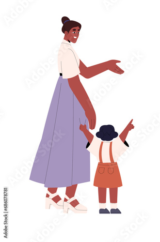 Friendly family walking together. Cute kid pointing hand finger. Happy mother explaining to child, communicate with baby. Daughter holds mom by skirt. Flat isolated vector illustration on white