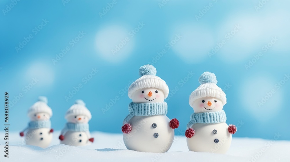 Little knitted snowmans on soft snow on blue background, copy space and generative ai