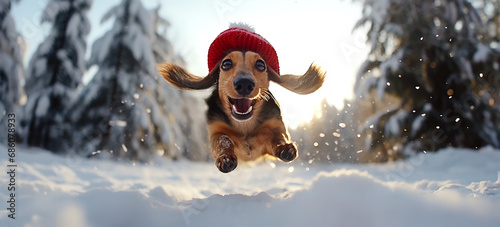 Cute dachshund dog with a Santa's hat running, jumping in the snow, daytime in the winter snow in the woods. photo