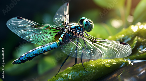 dragonfly on a branch, beautiful dragonfly in the morning with a beautiful blur background Dragonfly sitting on a stick Dragonfly basks in the sun, Eyes. AI Generative, Dragonfly on a leaf - Ważka na  © Micro