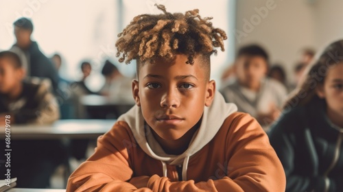 Captured in a moment of solitude, a sad adolescent boy sits at a table in an empty classroom, his gaze meeting the camera.