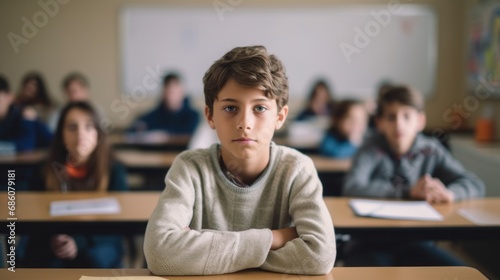 In a classroom setting, a solitary teen boy looks directly at the camera, conveying a sense of melancholy.