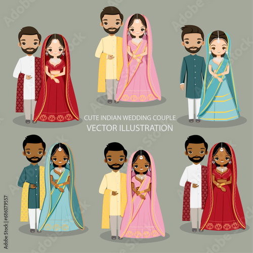 vector illustration of a cute Indian couple in a wedding outfit.