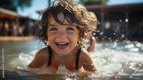 A happy kid playing in swimming pool during summer vacation. Vacation Activity Concept. Generative Ai.