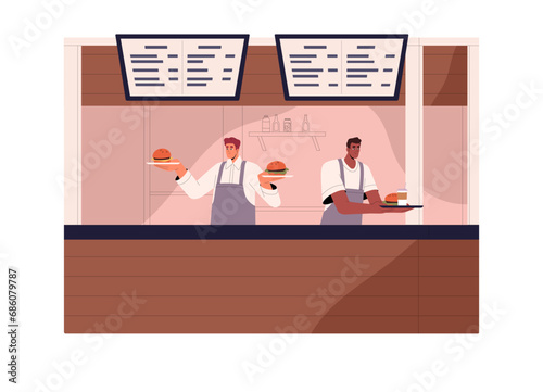 Fast food restaurant workers give orders, service visitors. Employees stand behind the counter, sell burgers. Young men work in cafe, hold tray with dishes, sale snacks. Flat vector illustration