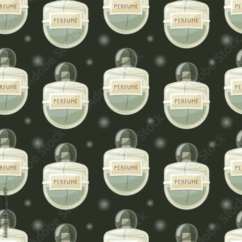 Glass elegant bottle of fragrant perfume. Vector seamless pattern, cartoon green eau de parfum.