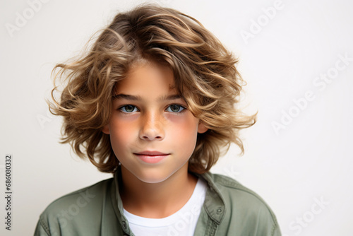 Portrait of a cute little boy with blond curly hair looking at camera photo