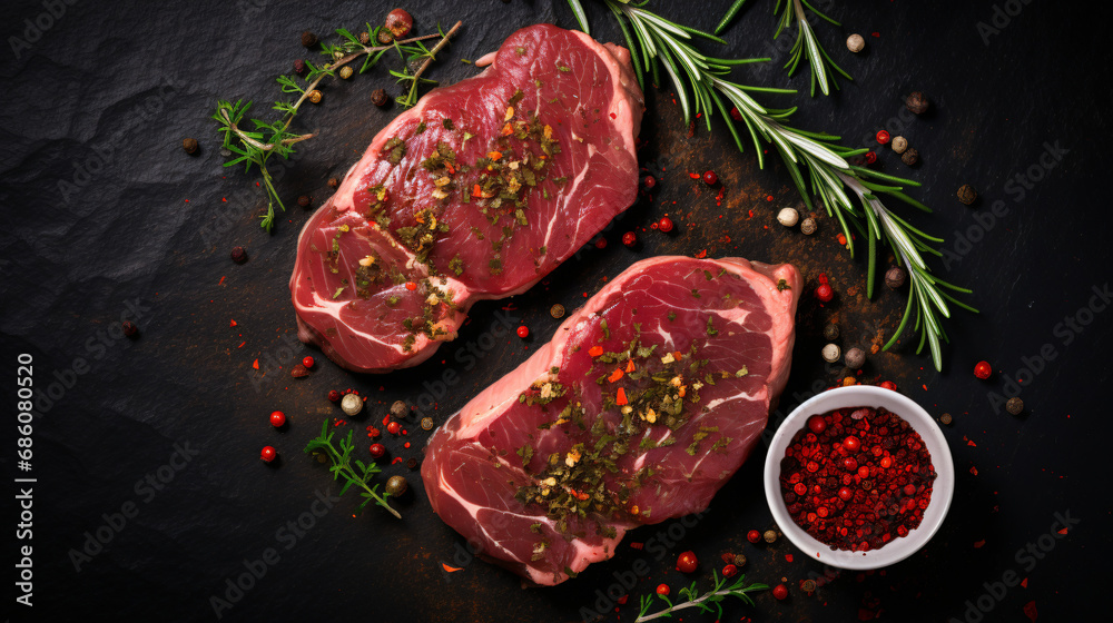 Raw meat steaks with spices