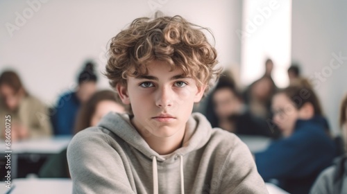 A sad teen boy sitting at a classroom table, his eyes conveying a deep sense of sorrow.