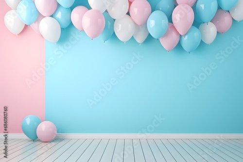 Balloons decoration for birthday celebrations. Blue and pink color.