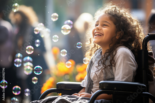 A happy smiling girl sitting in a Wheelchair. Inclusiveness and accessibility of healthcare for children with disabilities. Generative Ai.