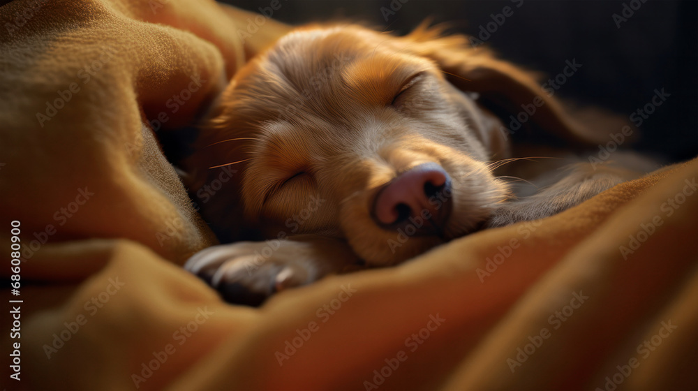 red dog dozing on a blanket - obrazy, fototapety, plakaty 