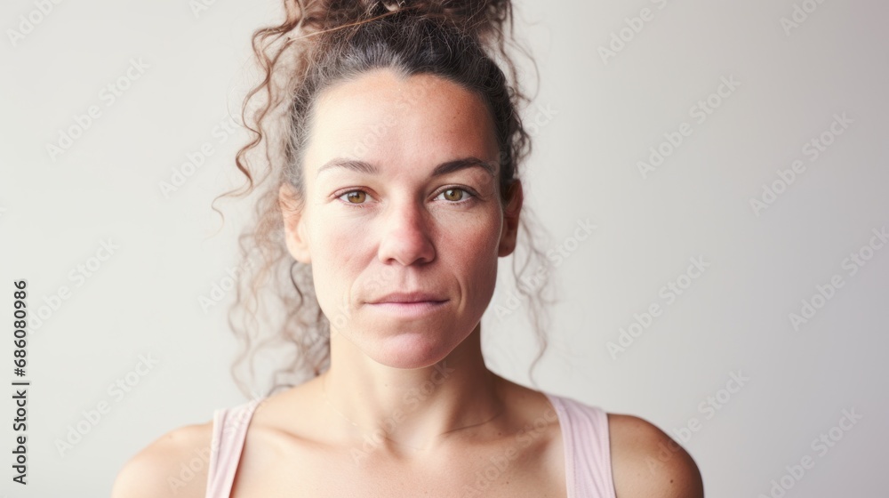 A close-up shot reveals the imperfect skin of a Caucasian woman as she confidently poses against a light beige studio background. A close-up shot reveals the imperfect skin of a Caucasian woman as she confidently poses against a light beige studio background.