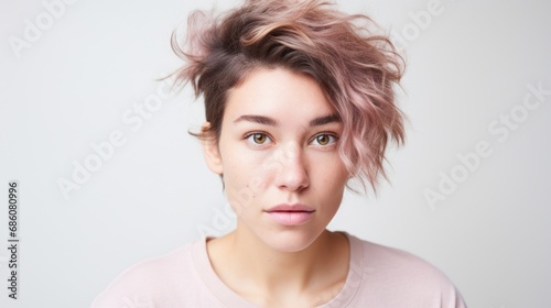 A tightly framed portrait of a Caucasian woman with flaws in her skin, posing against a neutral light beige studio background.