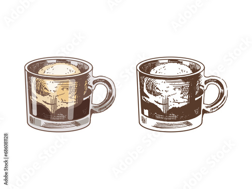 A hand-drawn colored and monochrome sketch of affogato coffee with ice cream on a glass cup. Vintage illustration, doodle. Element for the design of labels, packaging and postcards.