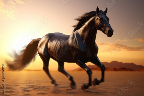 Dark steed galloping. Black beauty and muscular horse prancing desert. Generate AI