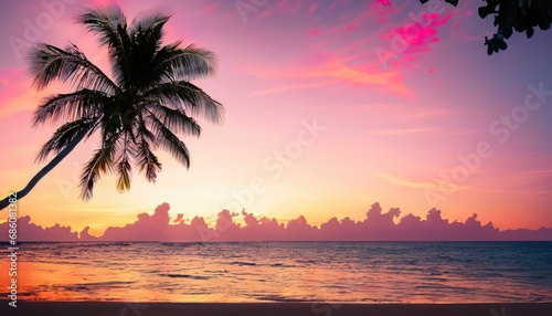 Beautiful sunset tropical beach with palm tree and pink sky © ROKA Creative