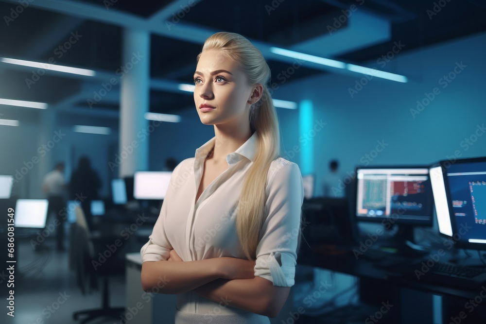 Blonde woman in office. Business lady worker on corporate workplace. Generate ai Blonde woman in office. Business lady worker on corporate workplace. Generate ai