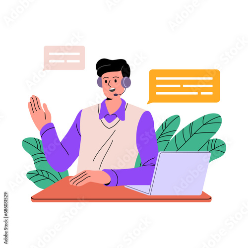 Man work in support center. Operator with headset helps clients. Consultant with headphones talk, speak with customers. Helpdesk, hotline worker. Flat isolated vector illustration on white background