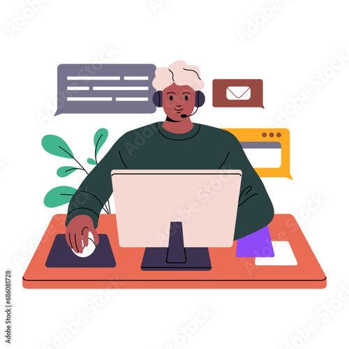 Operator work in support call center. Consultant help clients in online chat, messages. Employee with headset talk, consult customers. Helpdesk flat isolated vector illustration on white background
