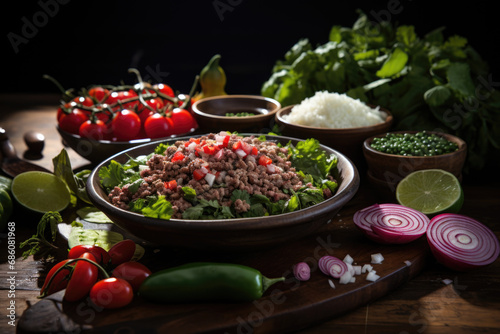Larb Salad surrounded by its ingredients on wooden table shoot from above.
