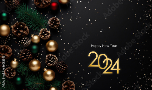 Festive New Year 2024 holiday greeting card with Christmas tree decorations and balls
