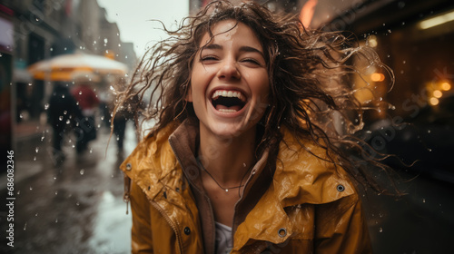 young beautiful joyful woman in a yellow raincoat in the rain, cheerful girl, happy face, spring, shower, walk, street, emotional portrait, expression, water, drops, splashes photo