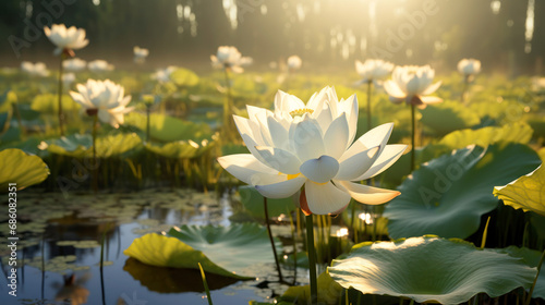 blooming white lotuses on the water