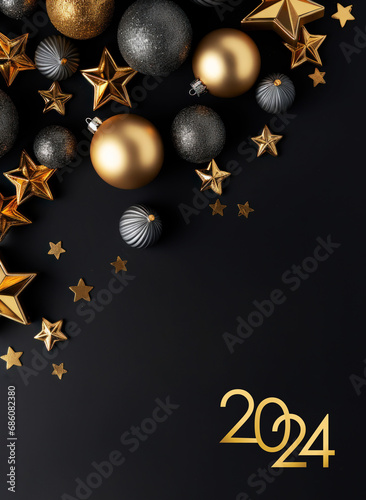Christmas decorating with golden Christmas stars on dark background, stylish greeting card