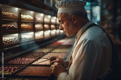 Chocolate confectioner in candy store. Male chocolatier in cooking white uniform. Generate ai photo