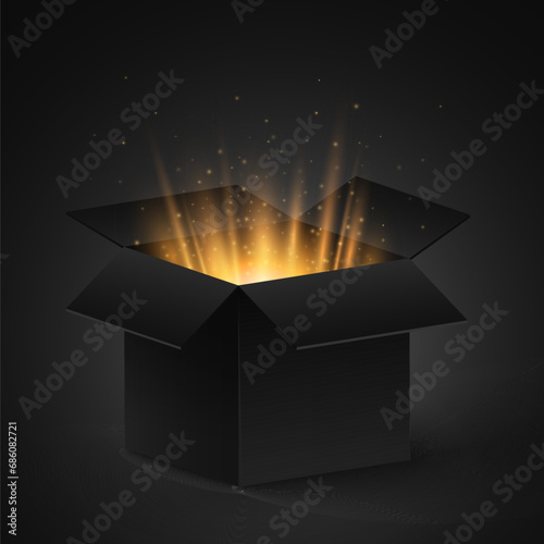 Open 3d gift box with golden glow and flying particles. Graphic element for sale or holiday. Vector illustration.