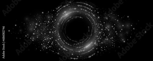 Futuristic digital circles of glowing dots. Information particles in a neural network. Big data visualization into cyberspace. Artificial intelligence banner. Vector illustration. EPS 10.