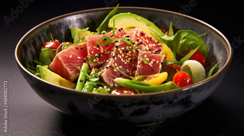 bowl with tuna and avocado salad on dark table