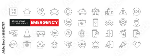 Set of 36 Emergency line icons set. Emergency outline icons with editable stroke collection. Includes Police, Ambulance, Fire Alarm, 911, Hospital, and More. photo
