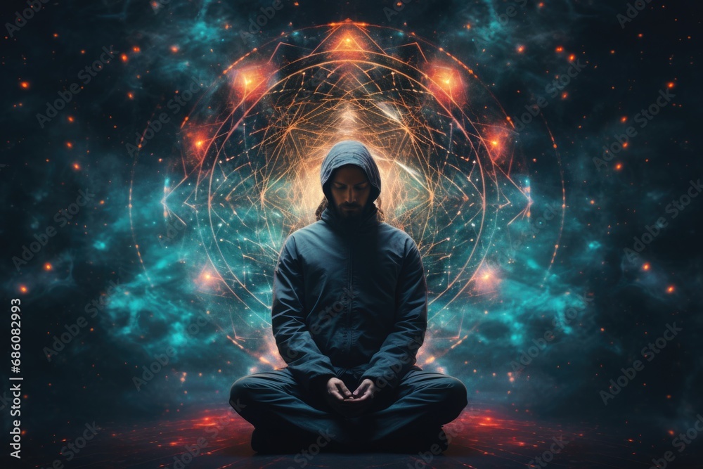 Man in meditation posture on cosmos background - obrazy, fototapety, plakaty 