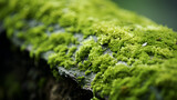 Beautiful Green moss in the tree trunk, Moss on a concrete curb in sunlight, A stone covered with green moss in the forest. Wildlife landscape. Beautiful Bright Green moss grown up covers the rough 