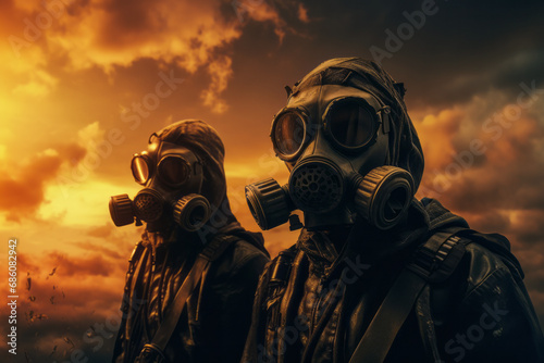 Two people wearing a protective suit against chemical pollution against the background of orange air, apocalypse and chemical weapons motif.generative ai
 photo