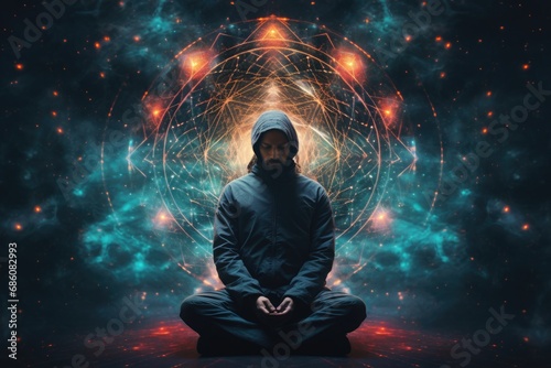 Man in meditation posture on cosmos background photo