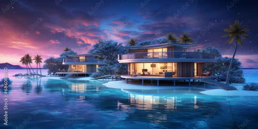 A luxury home with a modern pool and picturesque scene at sunset.