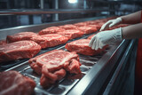 Meat or steak production line with hands of a worker wearing latex protective gloves.generative ai